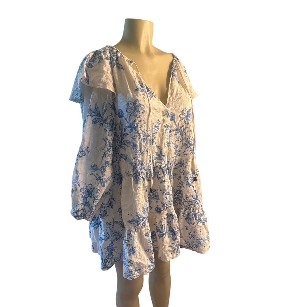 S Free People Sunbaked Swing Dress Tea Combo Cream Blue Floral Print Tunic Top
